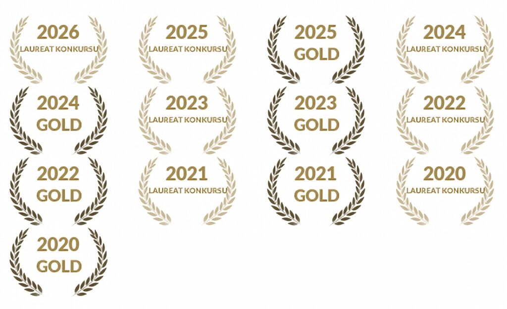 Zestaw złotych i srebrnych laurek konkursowych Orły Nieruchomości 2026, 2025, 2024 i wcześniejszych lat – Dwórak Nieruchomości Bielsko Biała