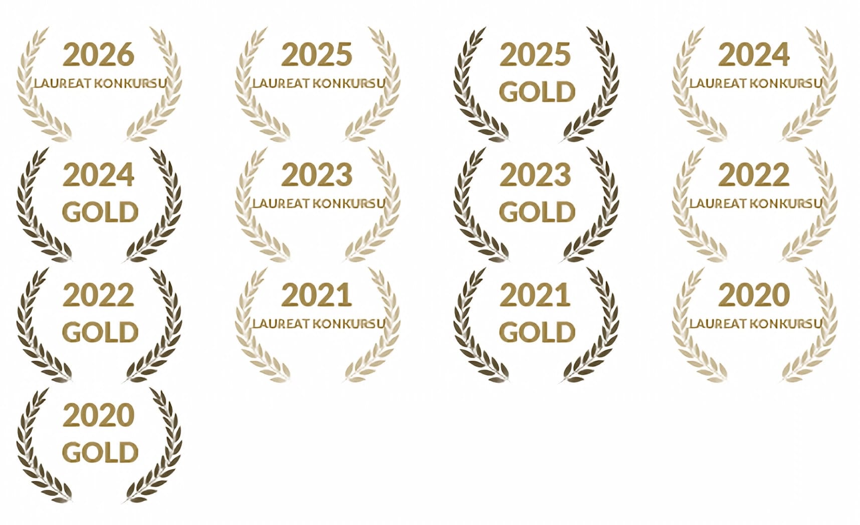 Zestaw złotych i srebrnych laurek konkursowych Orły Nieruchomości 2026, 2025, 2024 i wcześniejszych lat – Dwórak Nieruchomości Bielsko Biała