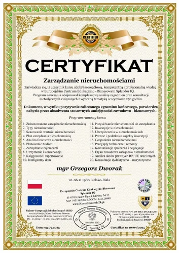Dworak Nieruchomości Bielsko Biała - Certyfikat mgr Grzegorz Dworak